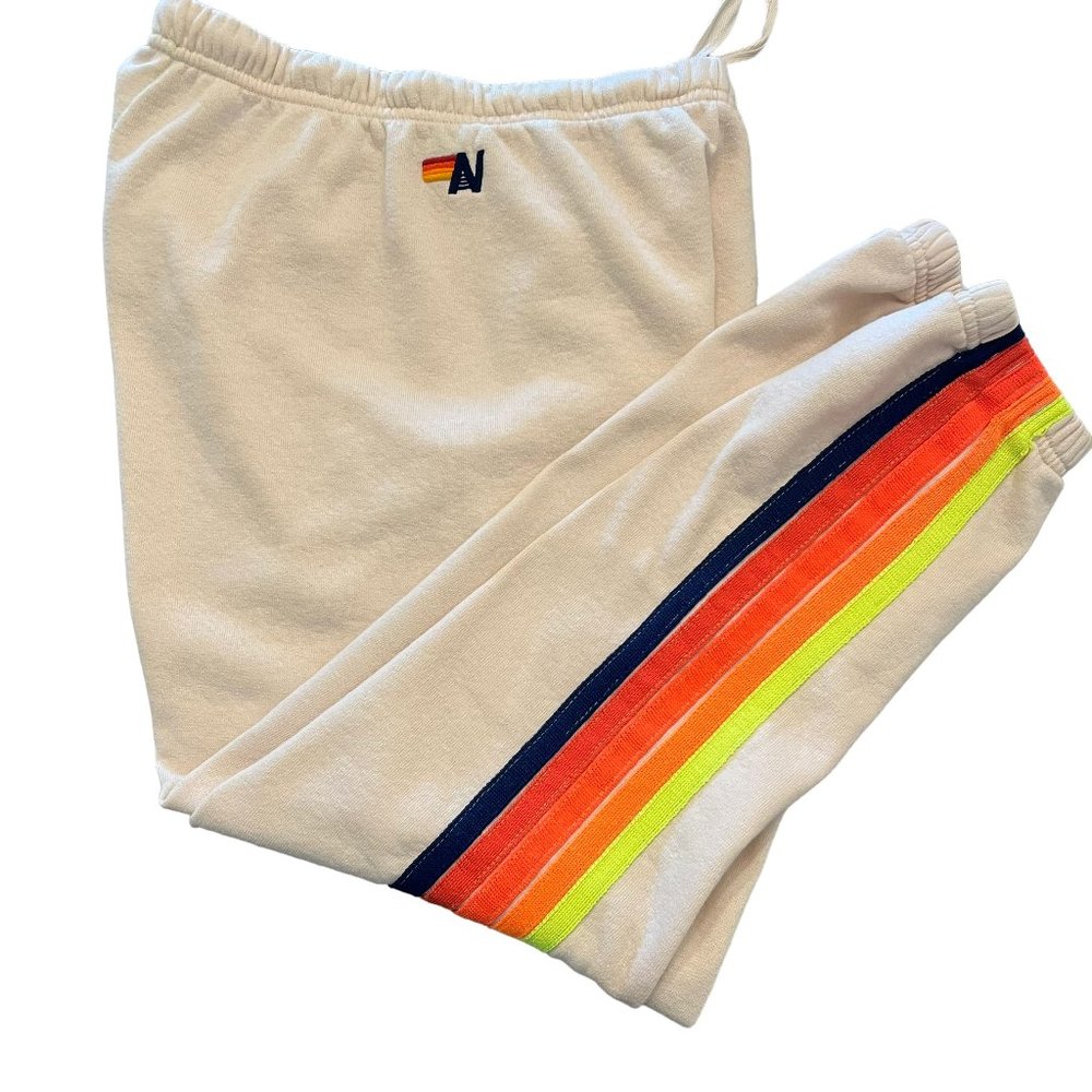 AVIATOR NATION 5 STRIPE SWEATPANTS ALMOND & NEON RAINBOW BLUE - SIZE M